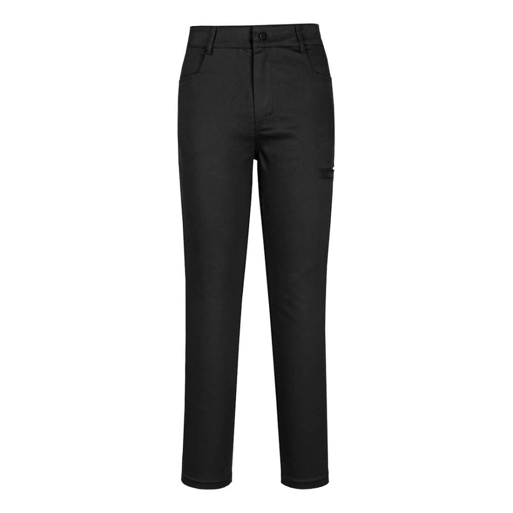 A pair of black work trousers featuring stretch panels for ease of movement, suitable for a wide range of outdoor and site work applications.