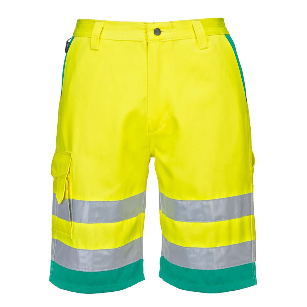 A high-visibility yellow workwear garment featuring retroreflective tape panels, suitable for a wide range of outdoor and site work applications.