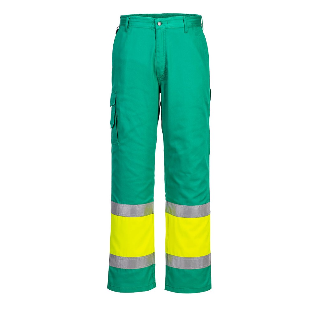 A pair of high-visibility yellow trousers featuring retroreflective tape panels, suitable for a wide range of outdoor and site work applications.