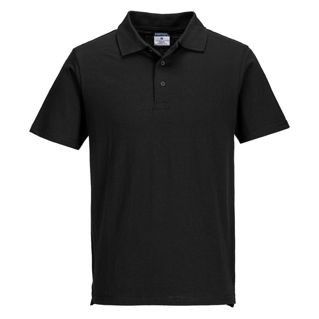 A black polo shirt designed for use on construction sites and in industrial work environments.,