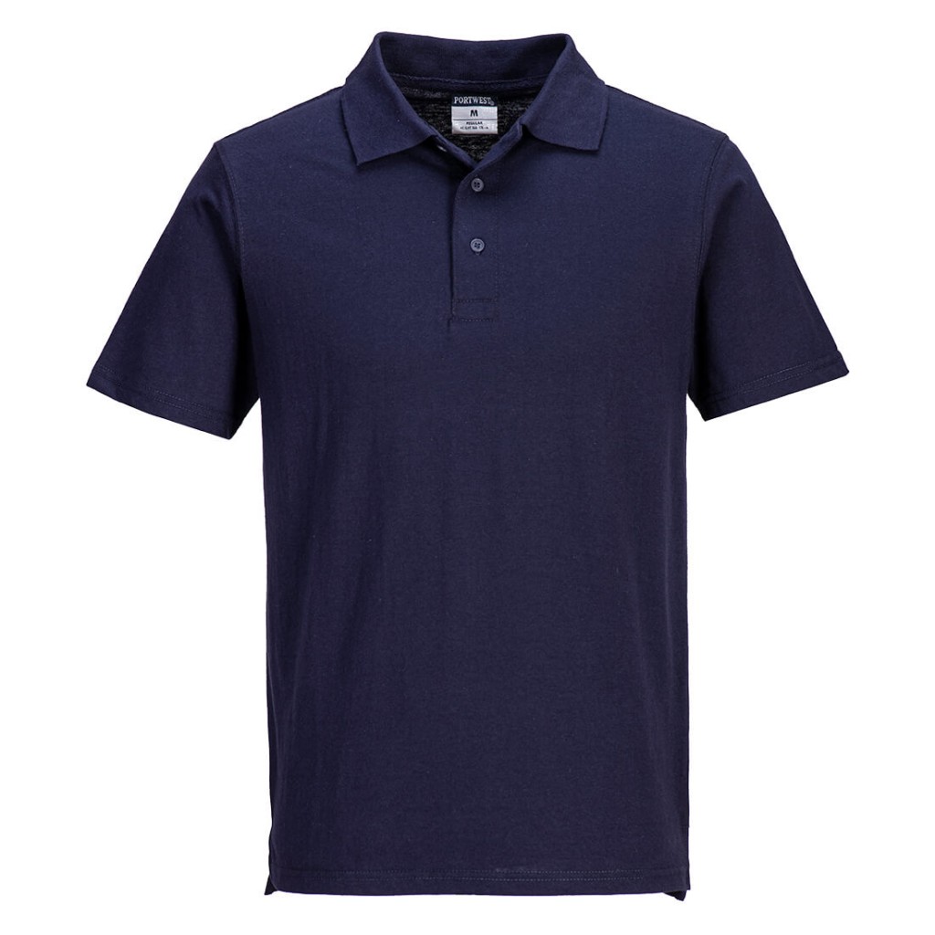 A navy blue polo shirt designed for use on construction sites and in industrial work environments.,