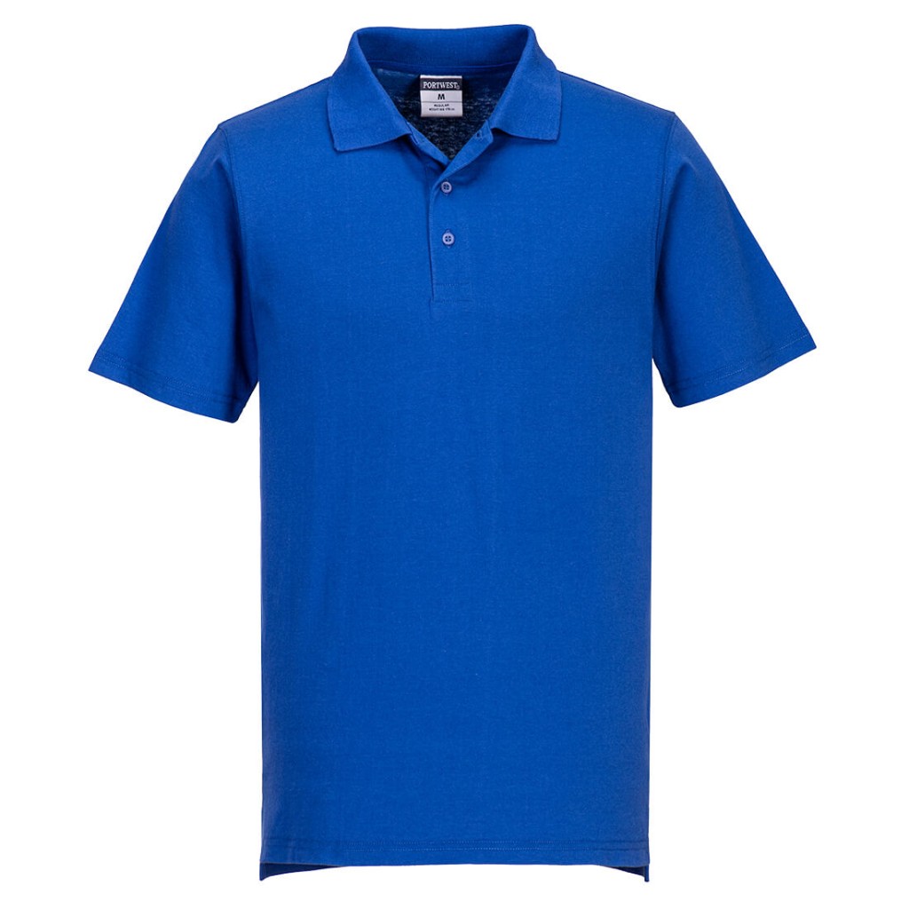 A blue polo shirt designed for use on construction sites and in industrial work environments.,