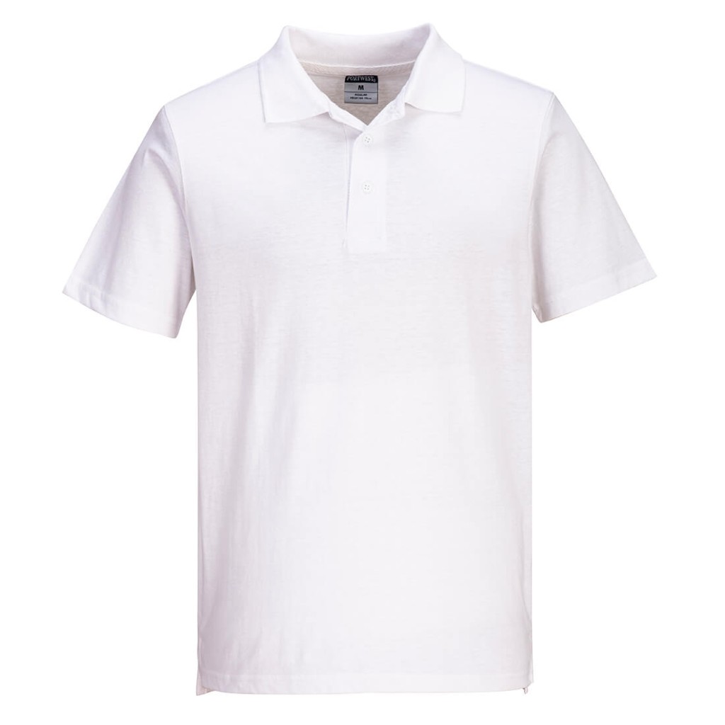A white polo shirt designed for use on construction sites and in industrial work environments.,