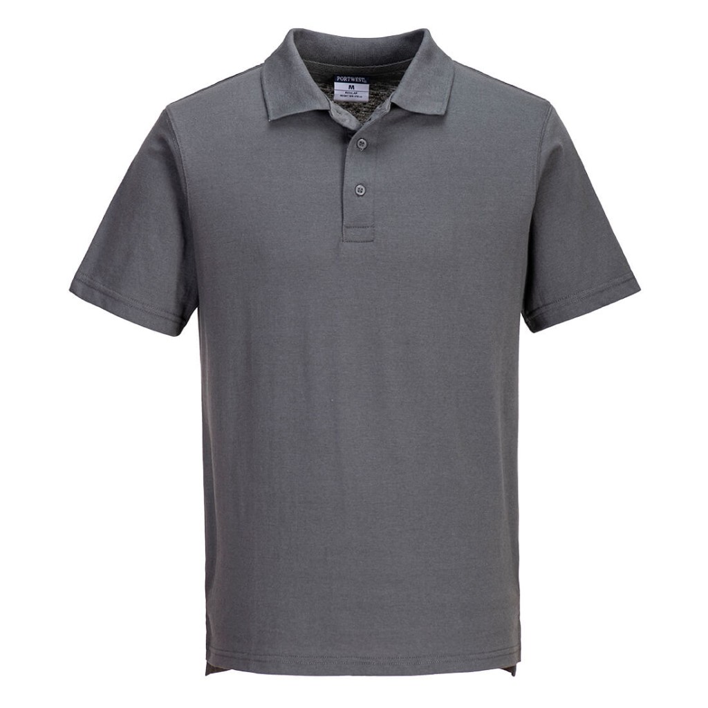 A grey polo shirt designed for use on construction sites and in industrial work environments.,