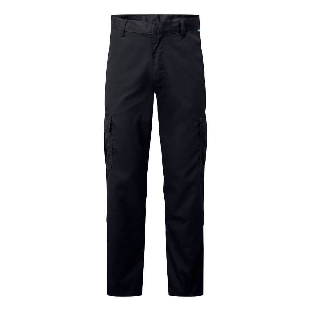 A pair of black work trousers designed for use on construction sites and in industrial work environments.,