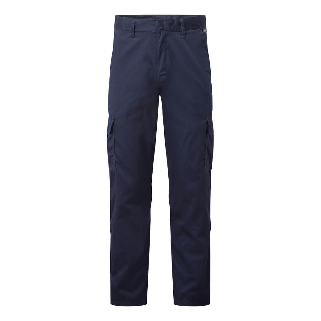 A pair of navy blue work trousers designed for use on construction sites and in industrial work environments.,