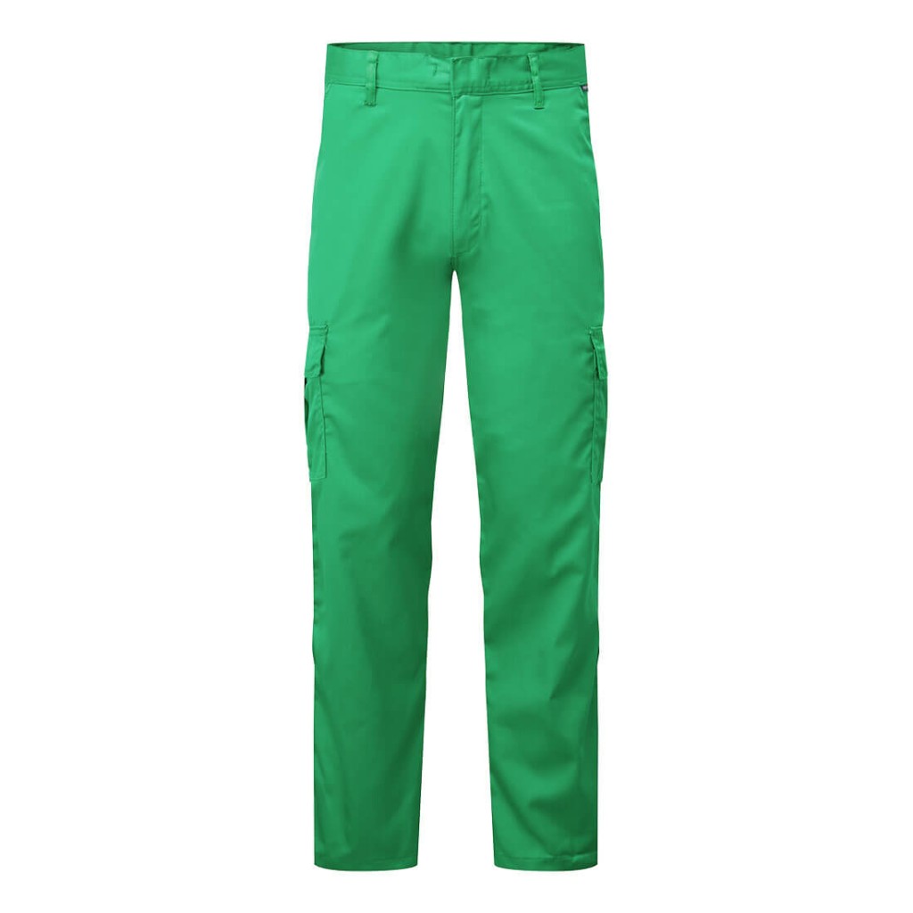 A pair of teal work trousers designed for use on construction sites and in industrial work environments.,