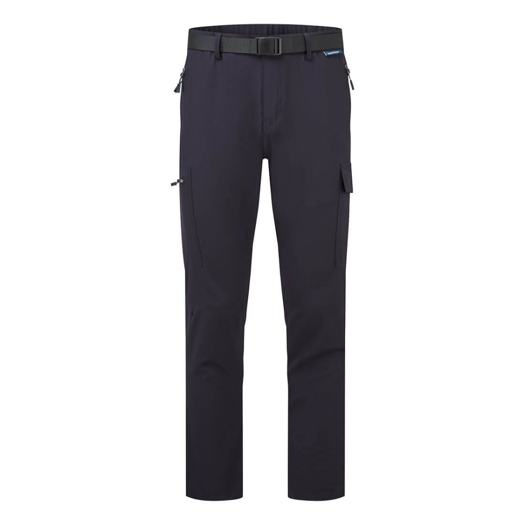 A pair of navy blue work trousers featuring stretch panels for ease of movement, suitable for a wide range of outdoor and site work applications.