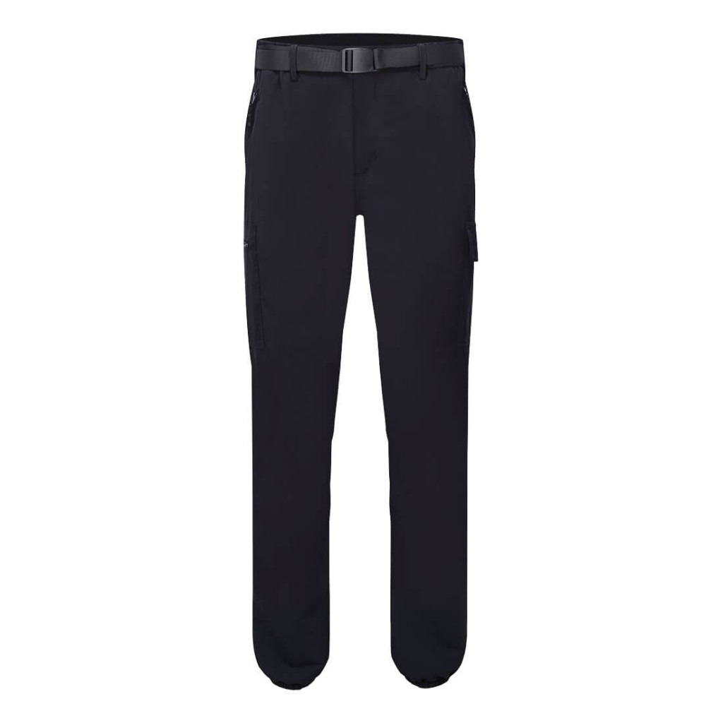 A pair of black work trousers featuring stretch panels for ease of movement, suitable for a wide range of outdoor and site work applications.