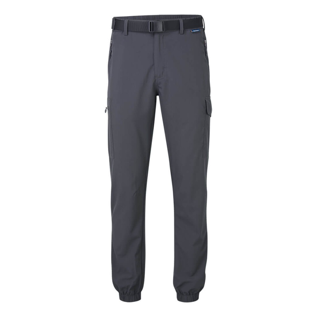 A pair of grey work trousers featuring stretch panels for ease of movement, suitable for a wide range of outdoor and site work applications.