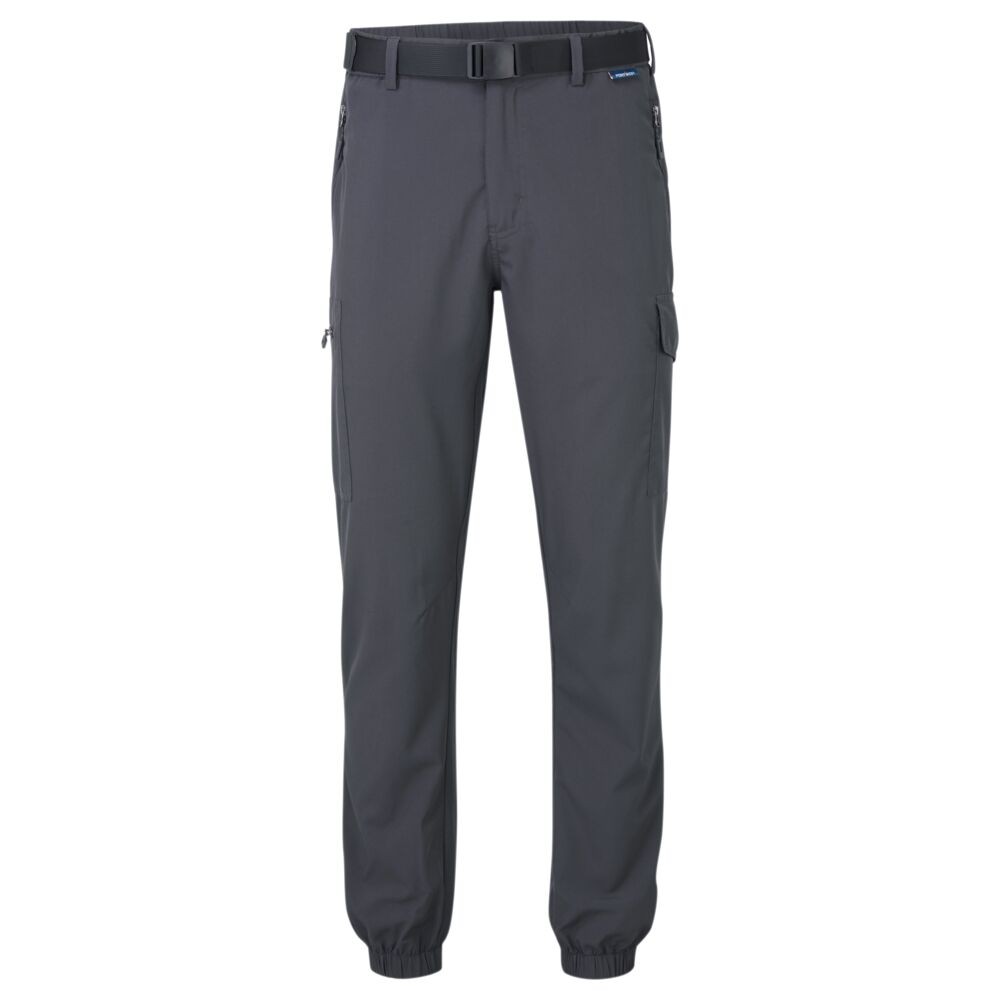 A pair of grey work trousers featuring stretch panels for ease of movement, suitable for a wide range of outdoor and site work applications.