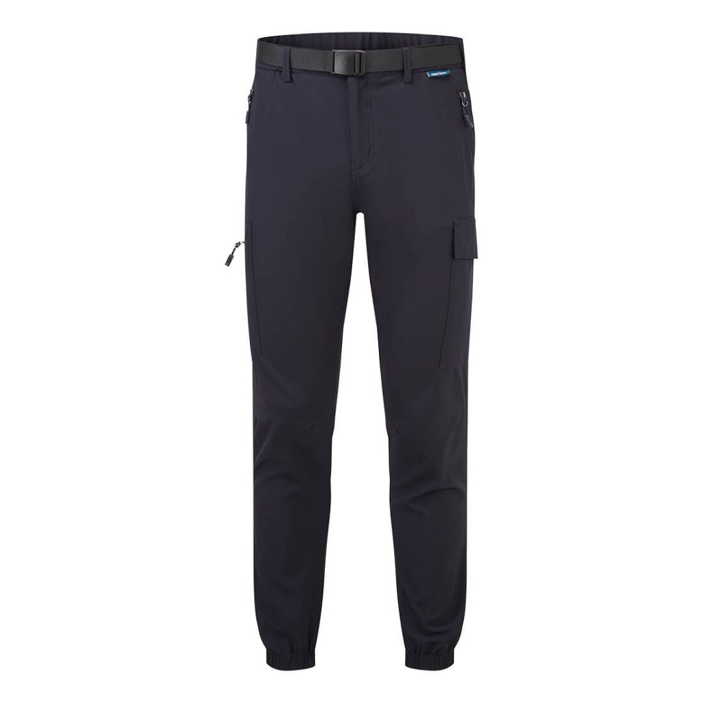 A pair of navy blue work trousers featuring stretch panels for ease of movement, suitable for a wide range of outdoor and site work applications.