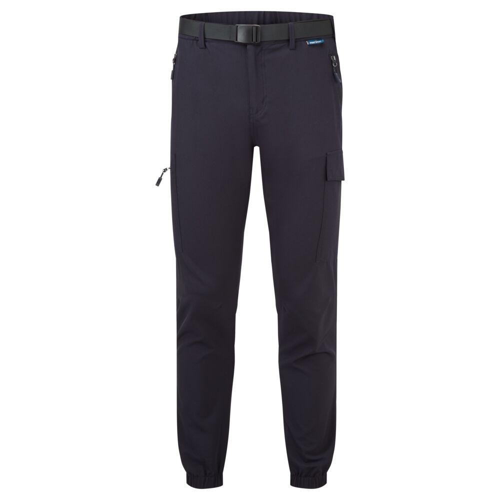 A pair of navy blue work trousers featuring stretch panels for ease of movement, suitable for a wide range of outdoor and site work applications.