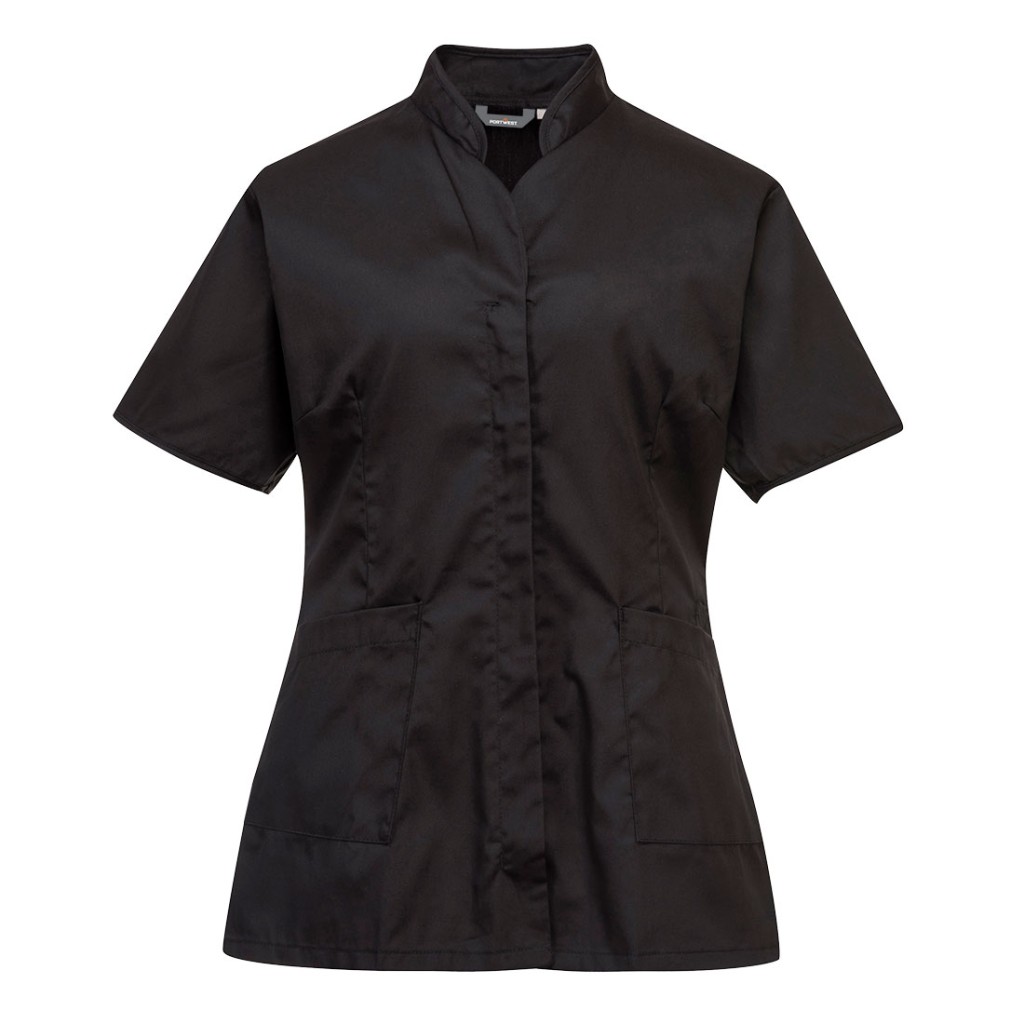 A women's black workwear garment designed for use on construction sites and in industrial work environments.,