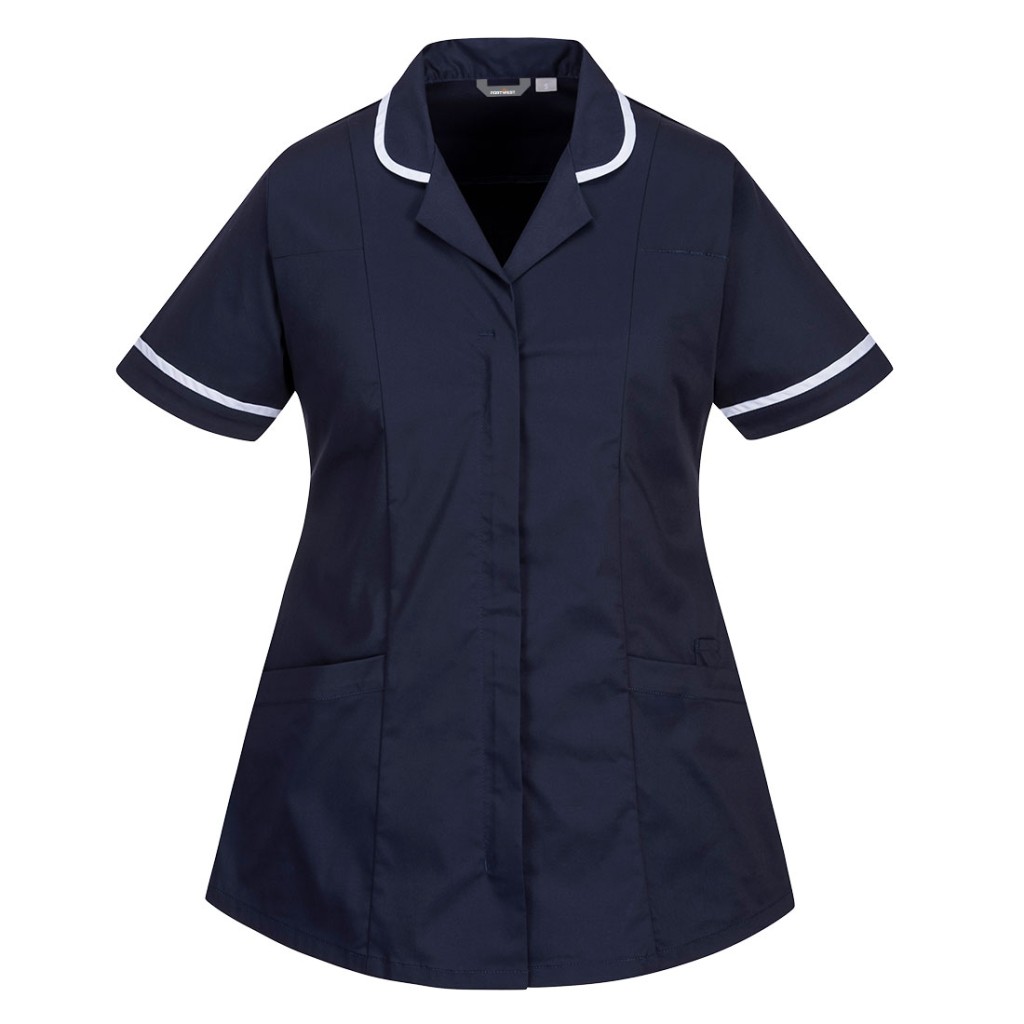A women's navy blue workwear garment featuring stretch panels for ease of movement, suitable for a wide range of outdoor and site work applications.