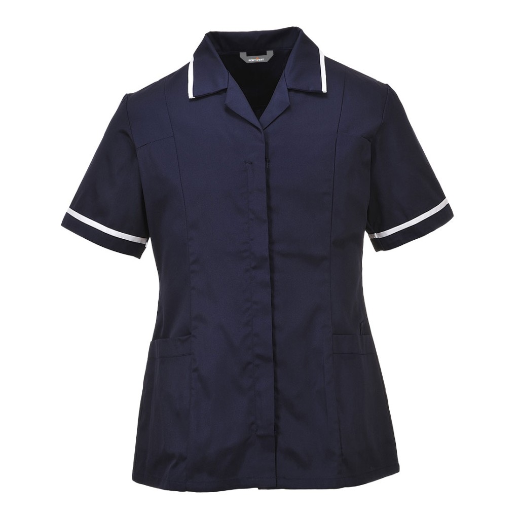 A women's navy blue workwear garment designed for use on construction sites and in industrial work environments.,