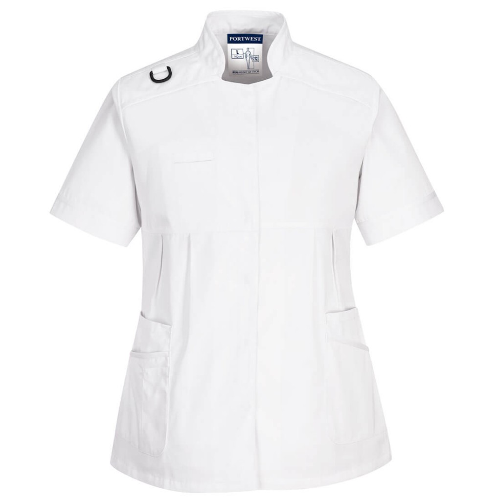 A white workwear garment designed for use on construction sites and in industrial work environments.,