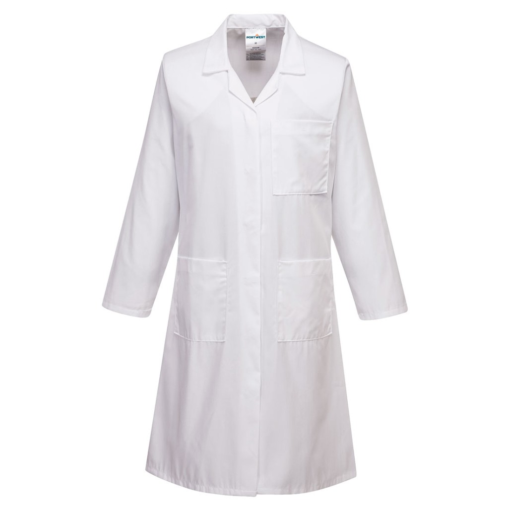 A women's white jacket designed for use on construction sites and in industrial work environments.,
