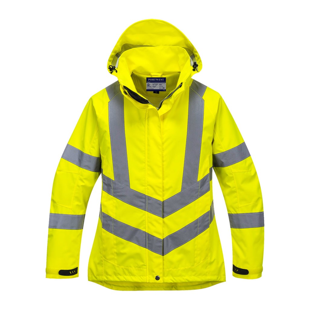 A women's high-visibility yellow waterproof jacket featuring retroreflective tape panels, a breathable membrane, suitable for a wide range of outdoor and site work applications.