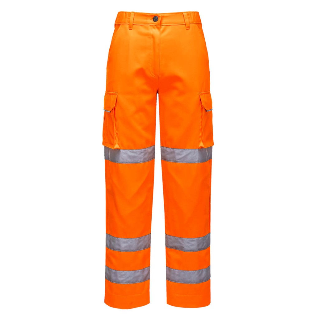 A pair of women's high-visibility orange trousers featuring retroreflective tape panels, suitable for a wide range of outdoor and site work applications.