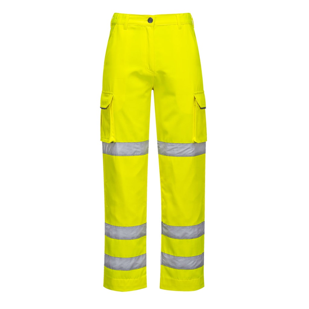 A pair of women's high-visibility yellow trousers featuring retroreflective tape panels, suitable for a wide range of outdoor and site work applications.