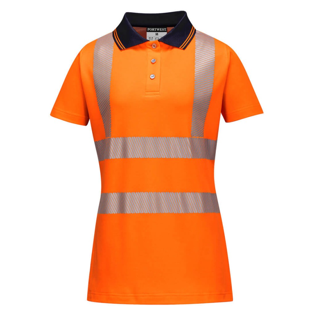 A women's high-visibility orange polo shirt featuring retroreflective tape panels, suitable for a wide range of outdoor and site work applications.