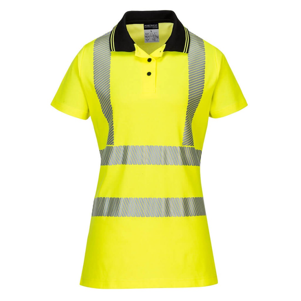 A women's high-visibility yellow polo shirt featuring retroreflective tape panels, suitable for a wide range of outdoor and site work applications.