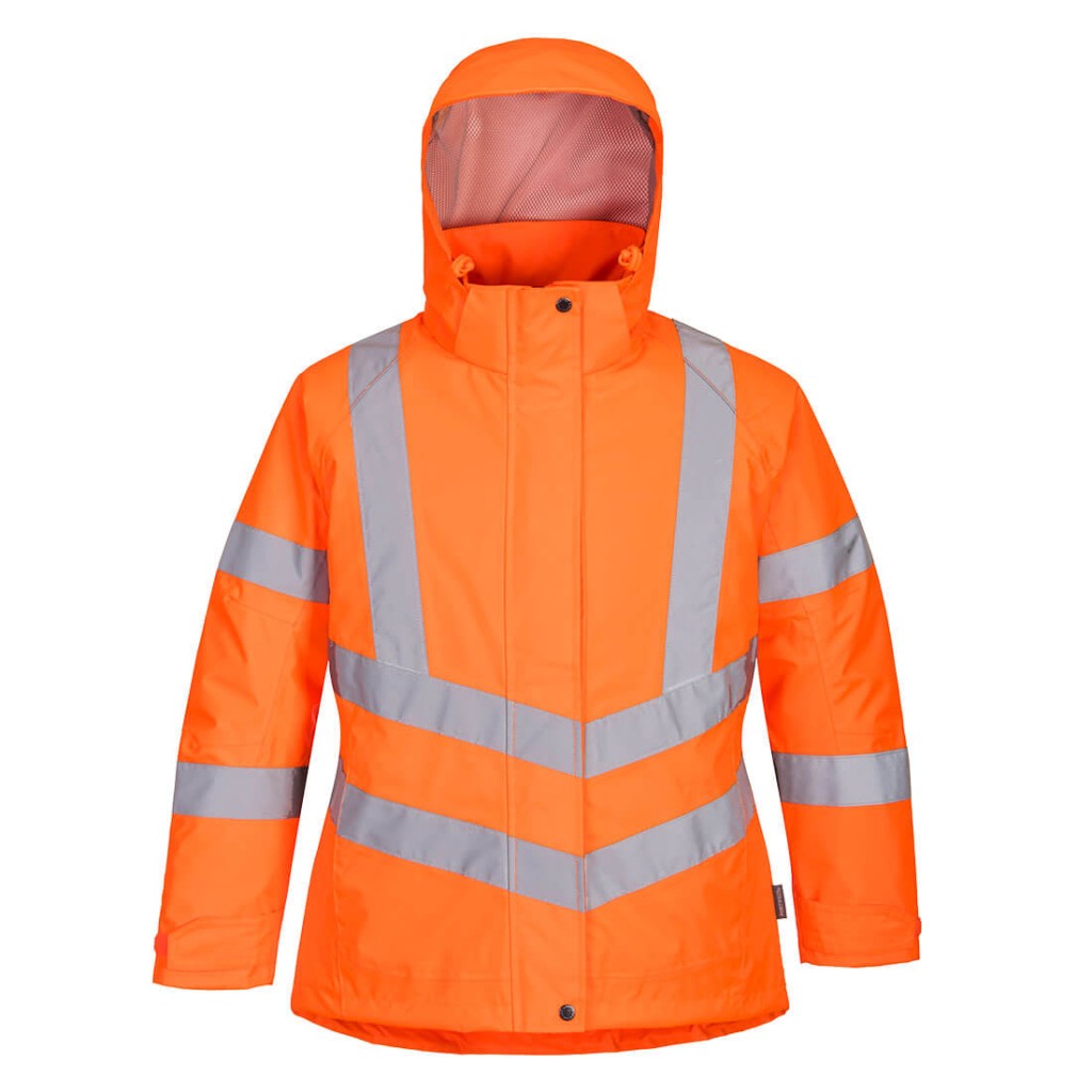 A women's high-visibility orange jacket featuring retroreflective tape panels, suitable for a wide range of outdoor and site work applications.