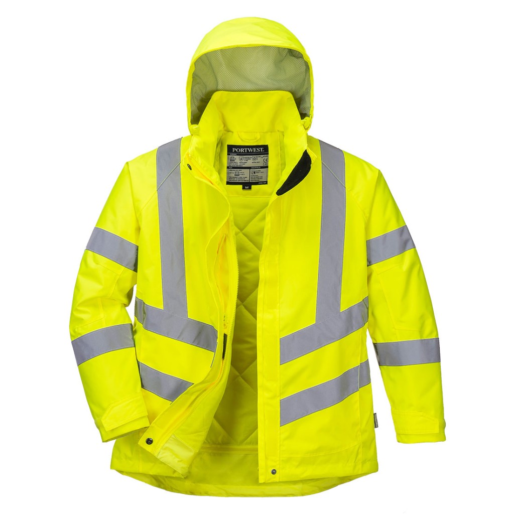 A women's high-visibility yellow jacket featuring retroreflective tape panels, suitable for a wide range of outdoor and site work applications.