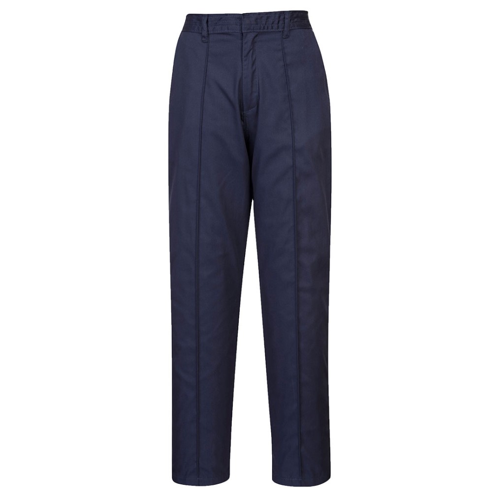 A pair of women's navy blue work trousers designed for use on construction sites and in industrial work environments.,