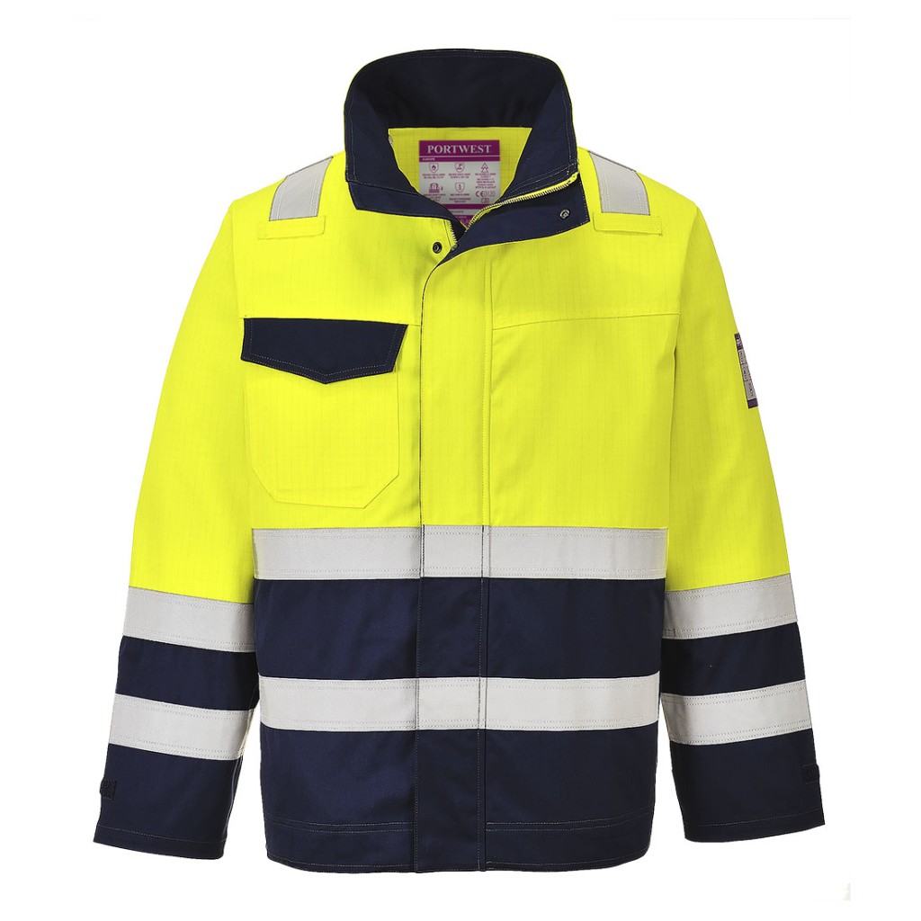 A high-visibility yellow jacket featuring retroreflective tape panels, flame-resistant fabric, suitable for a wide range of outdoor and site work applications.