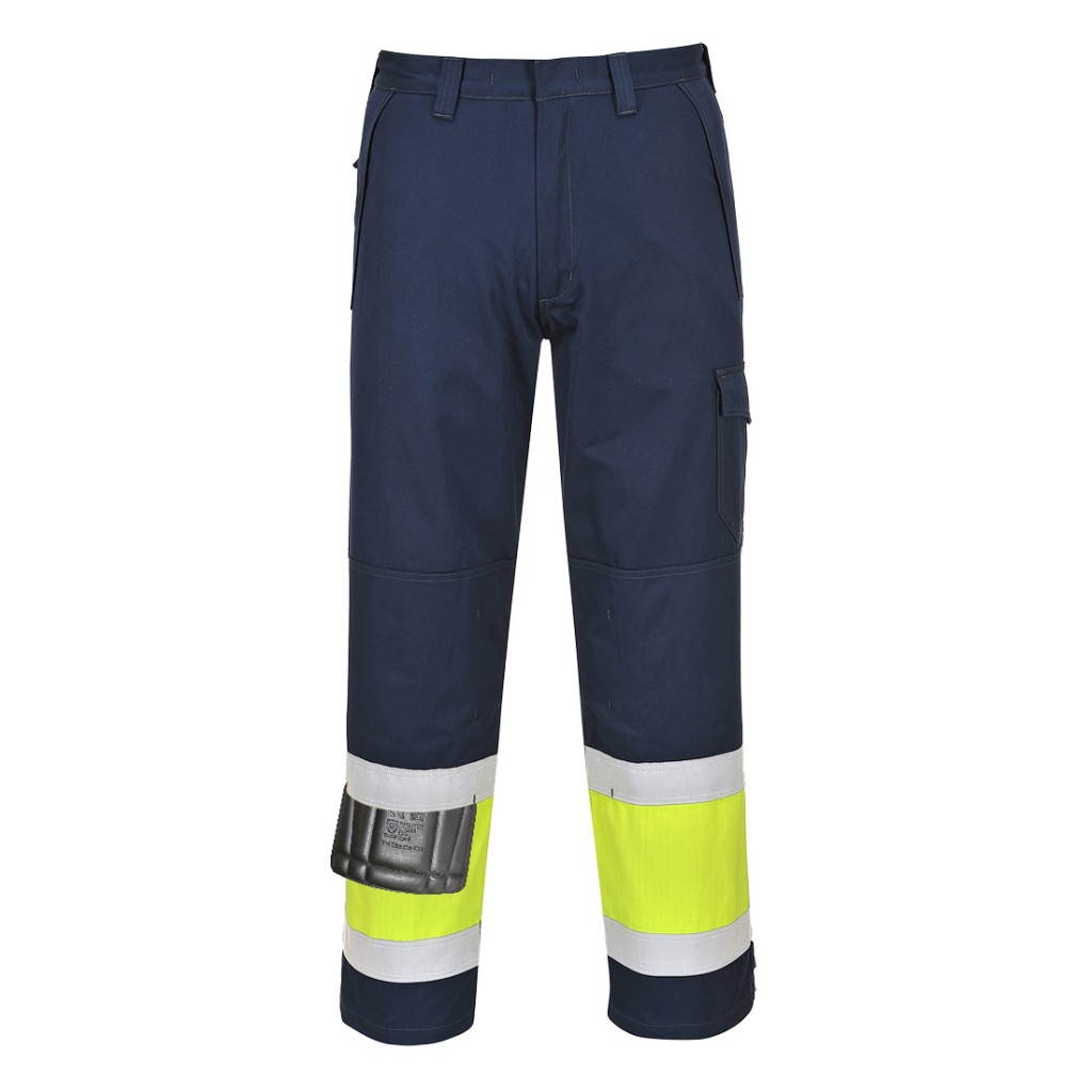 A pair of high-visibility yellow trousers featuring retroreflective tape panels, flame-resistant fabric, suitable for a wide range of outdoor and site work applications.
