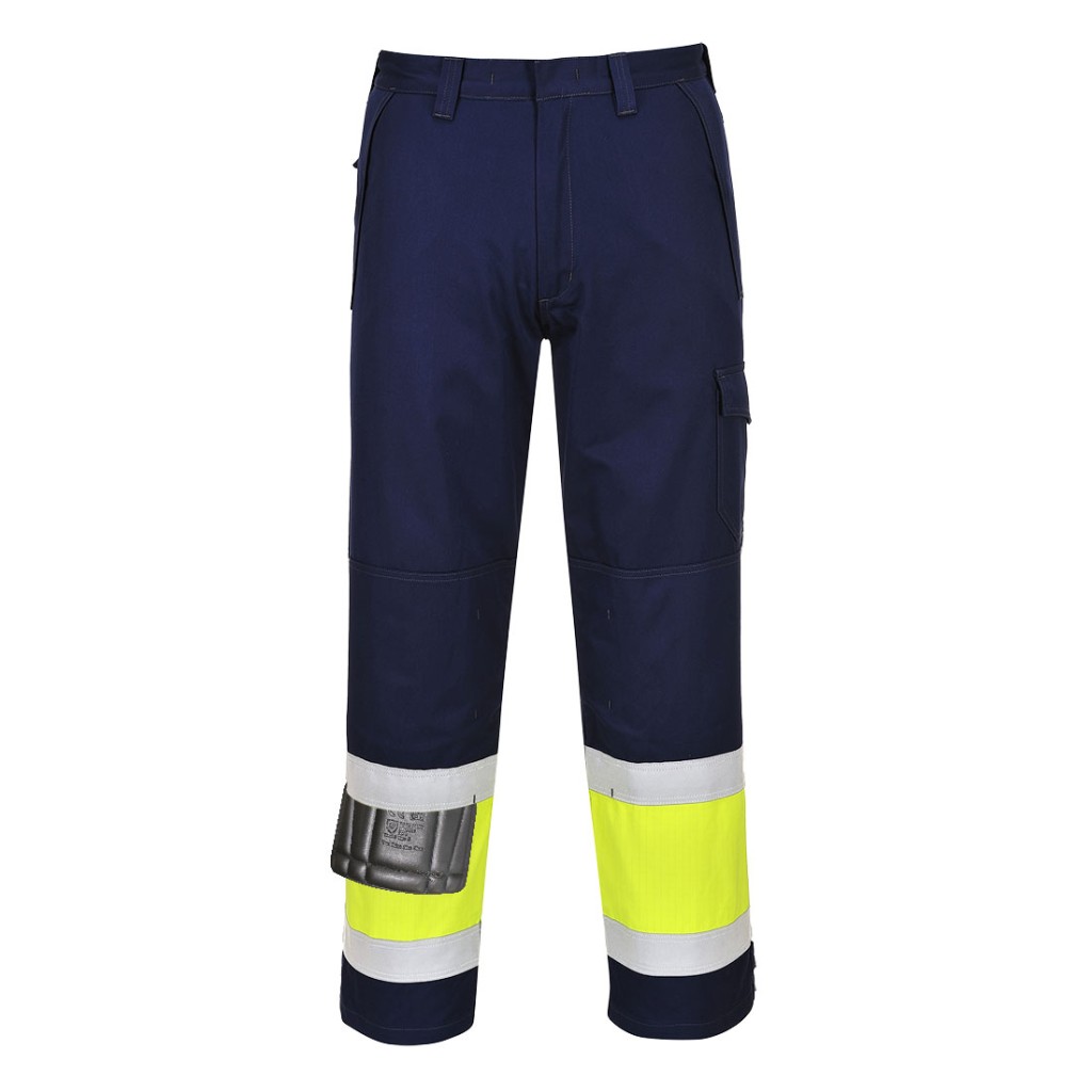A pair of high-visibility yellow trousers featuring retroreflective tape panels, flame-resistant fabric, suitable for a wide range of outdoor and site work applications.