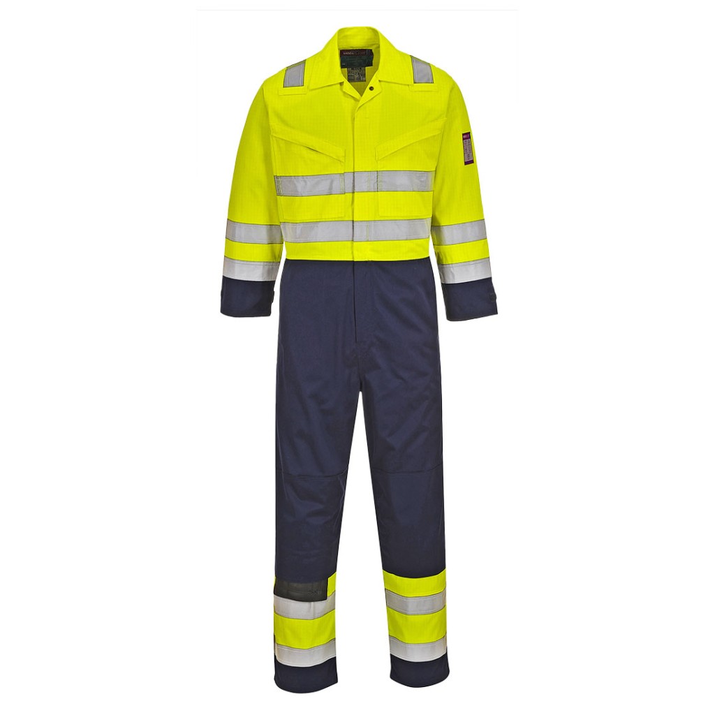A high-visibility yellow coverall featuring retroreflective tape panels, flame-resistant fabric, suitable for a wide range of outdoor and site work applications.