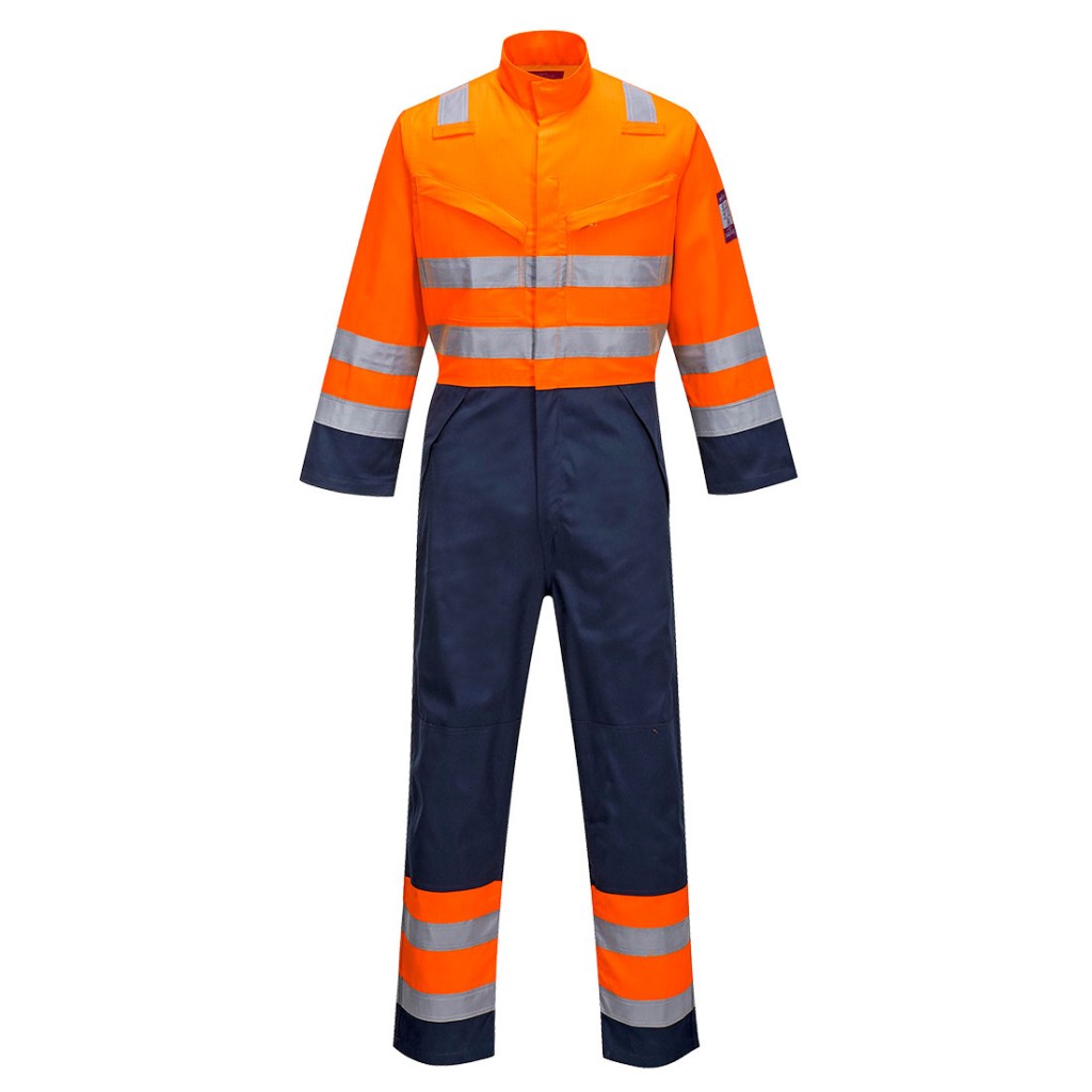 A orange coverall designed for use on construction sites and in industrial work environments.,