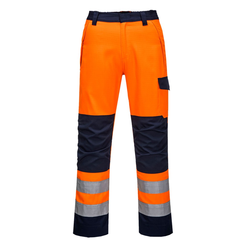 A pair of orange work trousers designed for use on construction sites and in industrial work environments.,