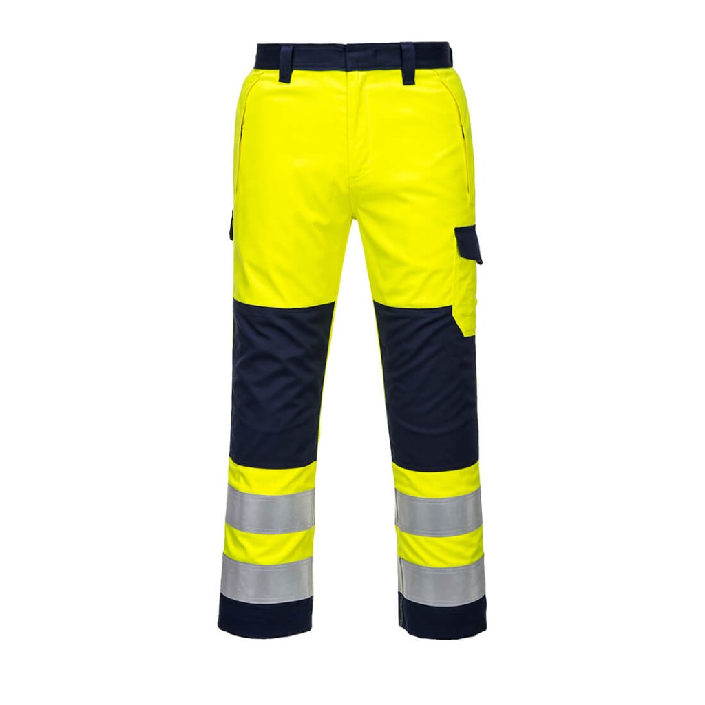 A pair of high-visibility yellow trousers featuring retroreflective tape panels, flame-resistant fabric, suitable for a wide range of outdoor and site work applications.