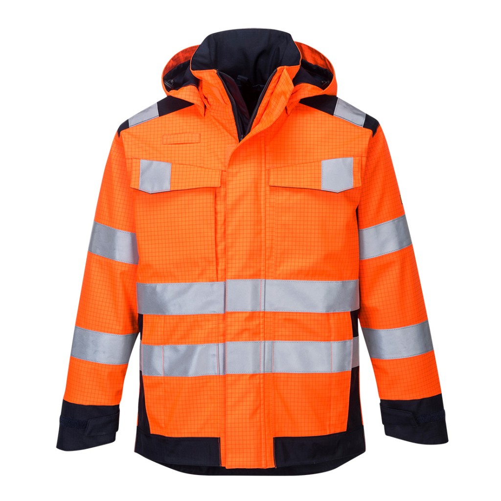 A high-visibility orange waterproof jacket featuring retroreflective tape panels, flame-resistant fabric, suitable for a wide range of outdoor and site work applications.