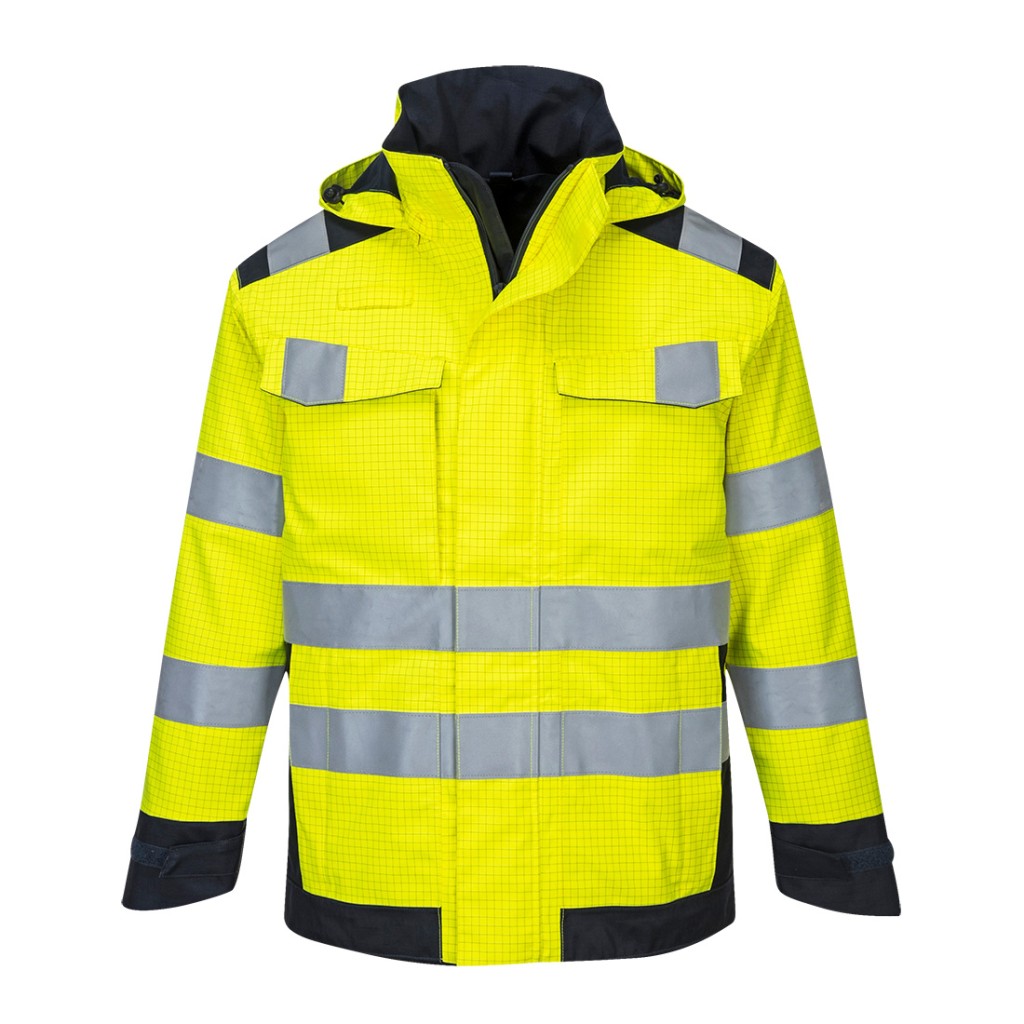 A high-visibility yellow waterproof jacket featuring retroreflective tape panels, flame-resistant fabric, suitable for a wide range of outdoor and site work applications.
