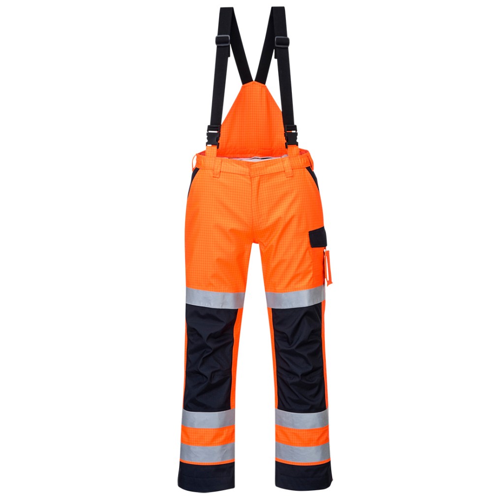 A pair of high-visibility orange trousers featuring retroreflective tape panels, flame-resistant fabric, suitable for a wide range of outdoor and site work applications.