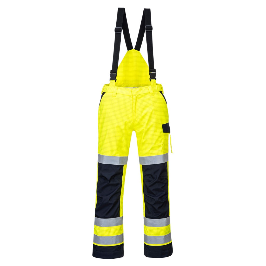A pair of high-visibility yellow trousers featuring retroreflective tape panels, flame-resistant fabric, suitable for a wide range of outdoor and site work applications.