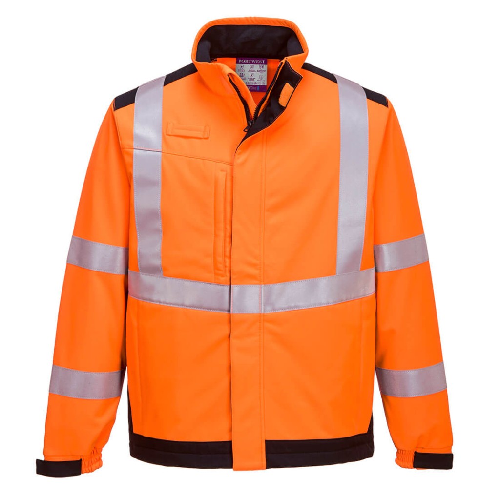 A high-visibility orange softshell jacket featuring retroreflective tape panels, flame-resistant fabric, suitable for a wide range of outdoor and site work applications.