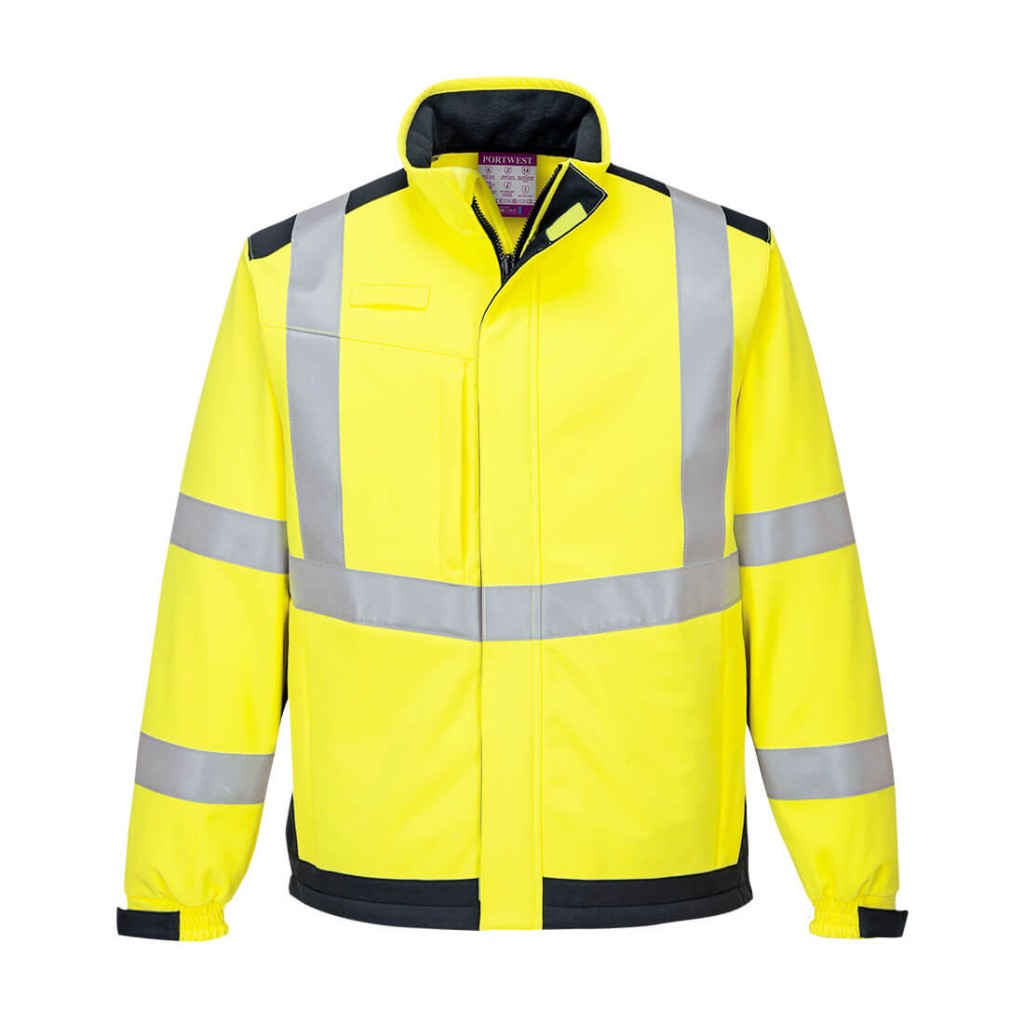 A high-visibility yellow softshell jacket featuring retroreflective tape panels, flame-resistant fabric, suitable for a wide range of outdoor and site work applications.