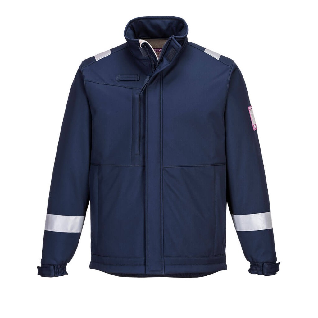 A navy blue softshell jacket featuring flame-resistant fabric, suitable for a wide range of outdoor and site work applications.
