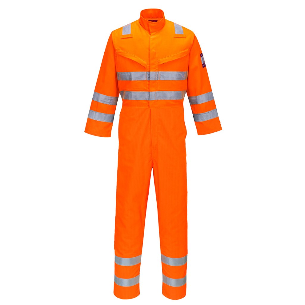 A orange coverall featuring flame-resistant fabric, suitable for a wide range of outdoor and site work applications.