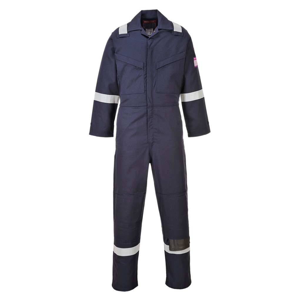 A navy blue coverall featuring flame-resistant fabric, suitable for a wide range of outdoor and site work applications.