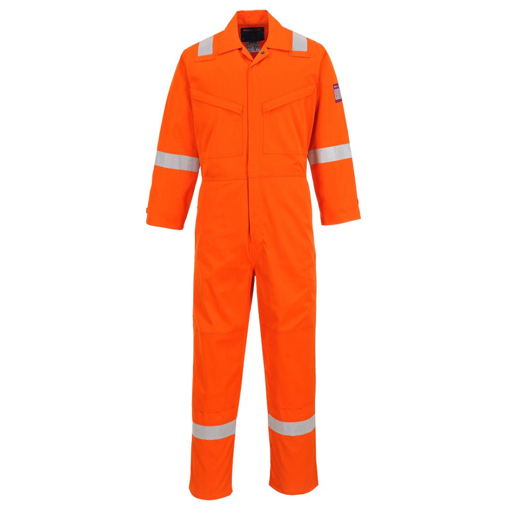 A orange coverall featuring flame-resistant fabric, suitable for a wide range of outdoor and site work applications.