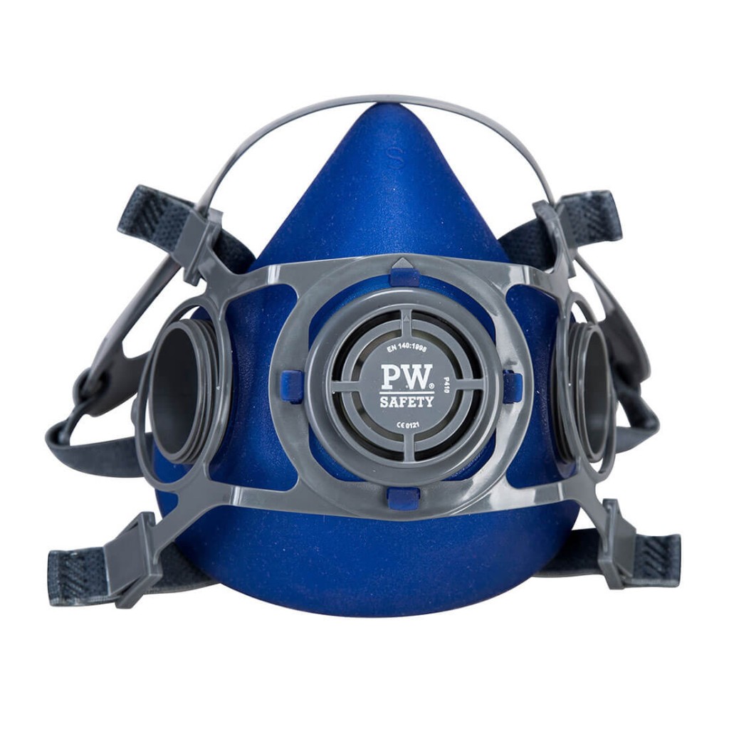 A moulded disposable dust mask with a nose clip and elasticated headbands, designed to filter airborne particulates during dusty work.