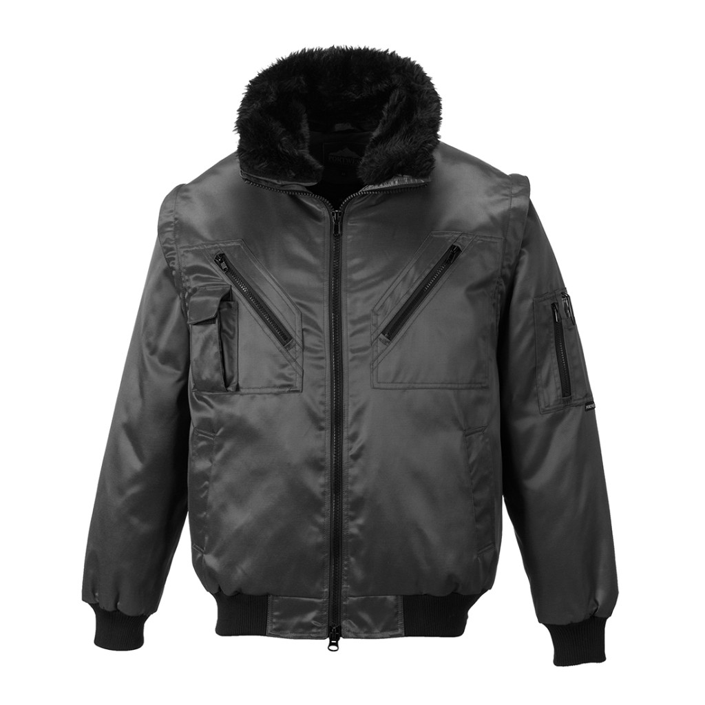 A black jacket designed for use on construction sites and in industrial work environments.,