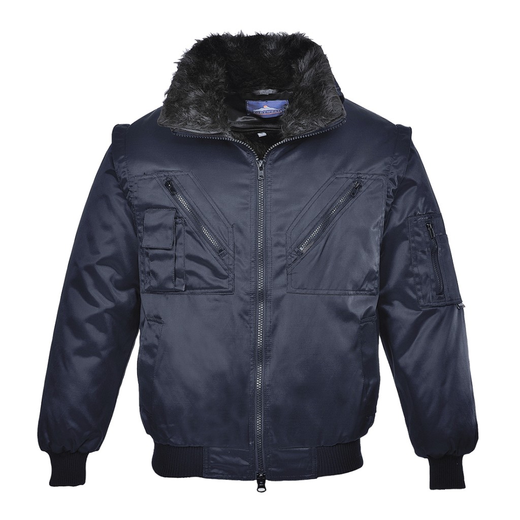 A navy blue jacket designed for use on construction sites and in industrial work environments.,